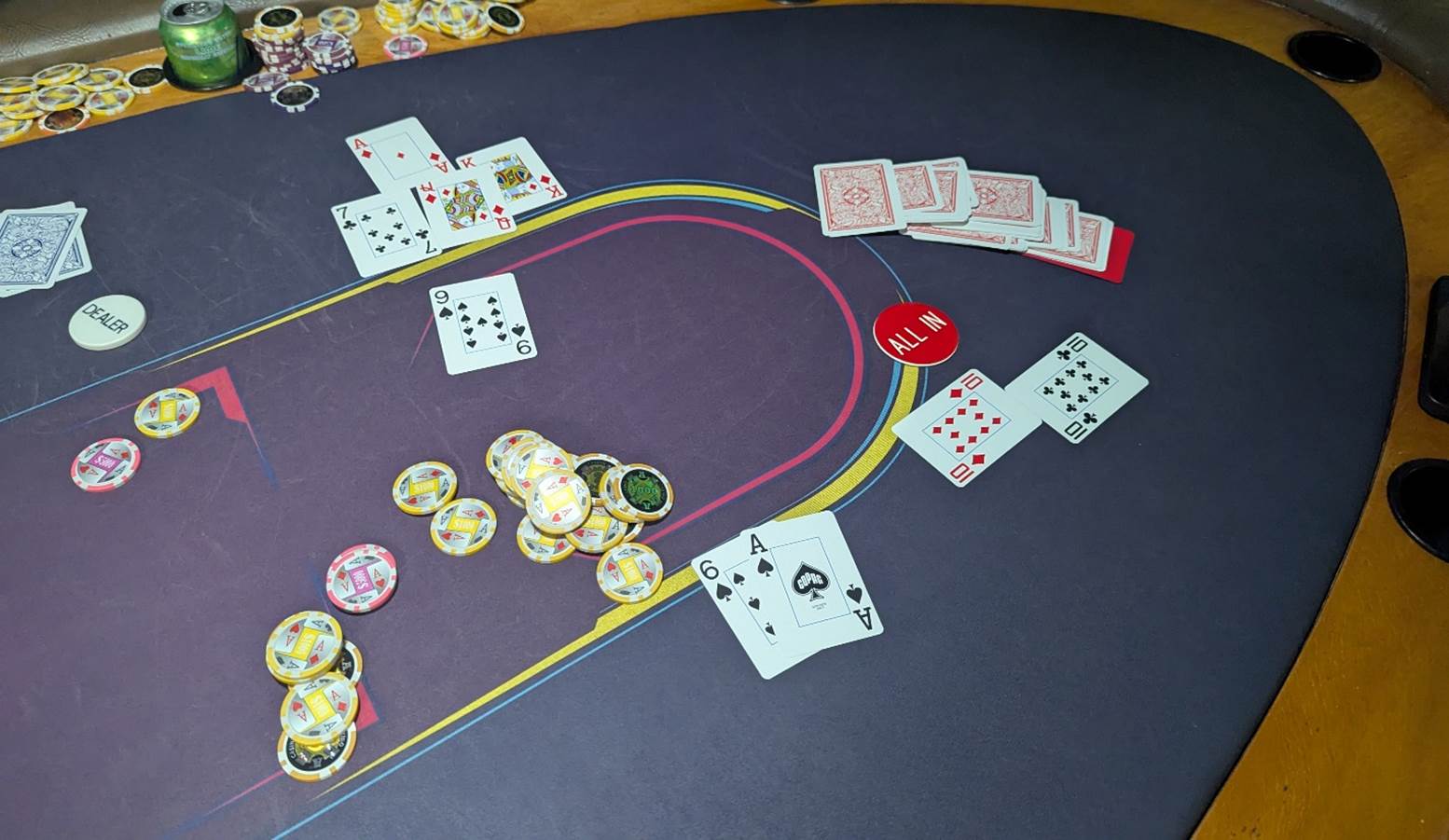 A poker table with cards and chips

AI-generated content may be incorrect.