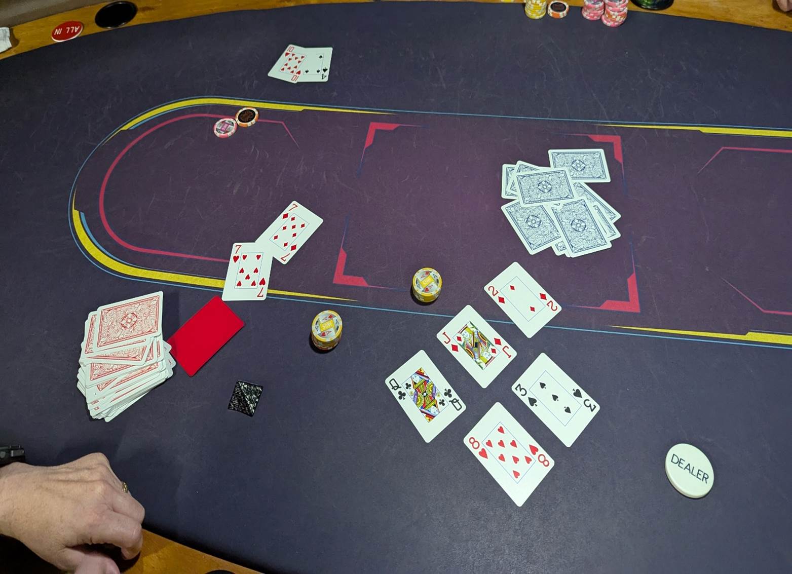 A poker table with cards and chips

AI-generated content may be incorrect.