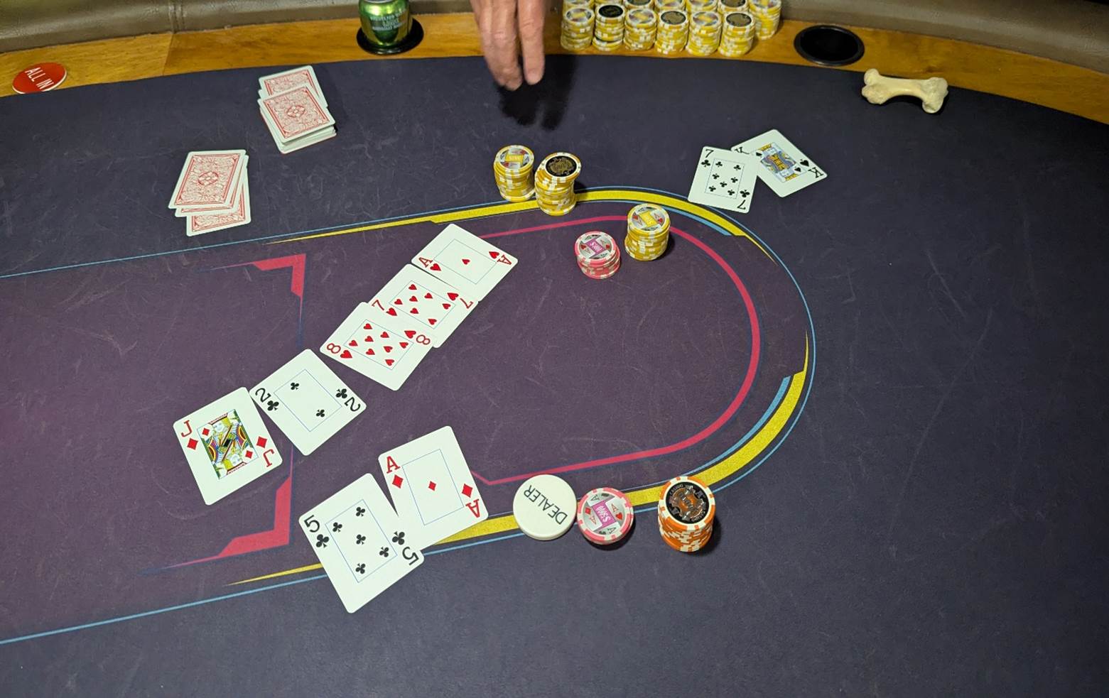 A poker table with cards and chips

AI-generated content may be incorrect.