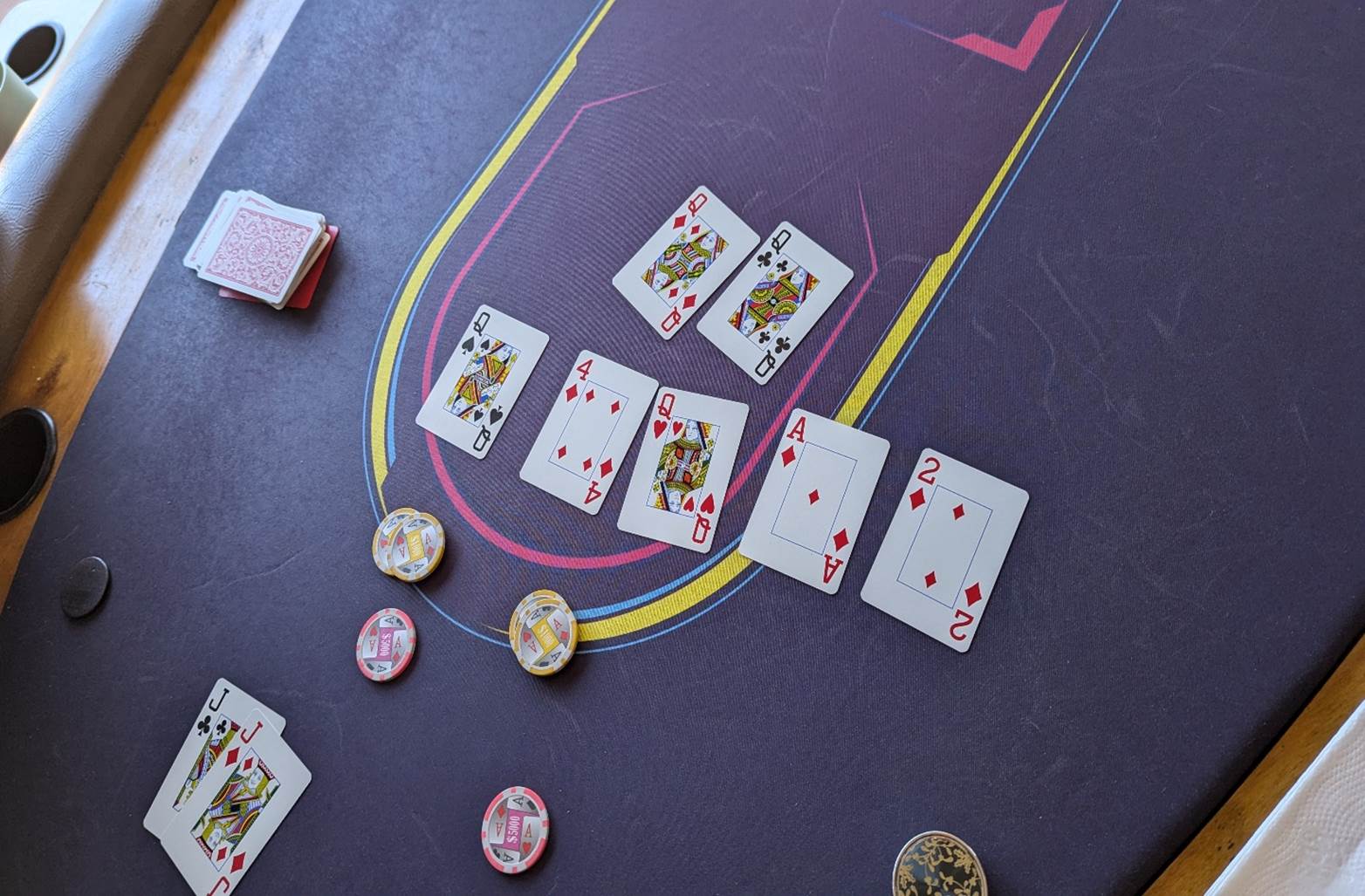 Cards and chips on a table

Description automatically generated